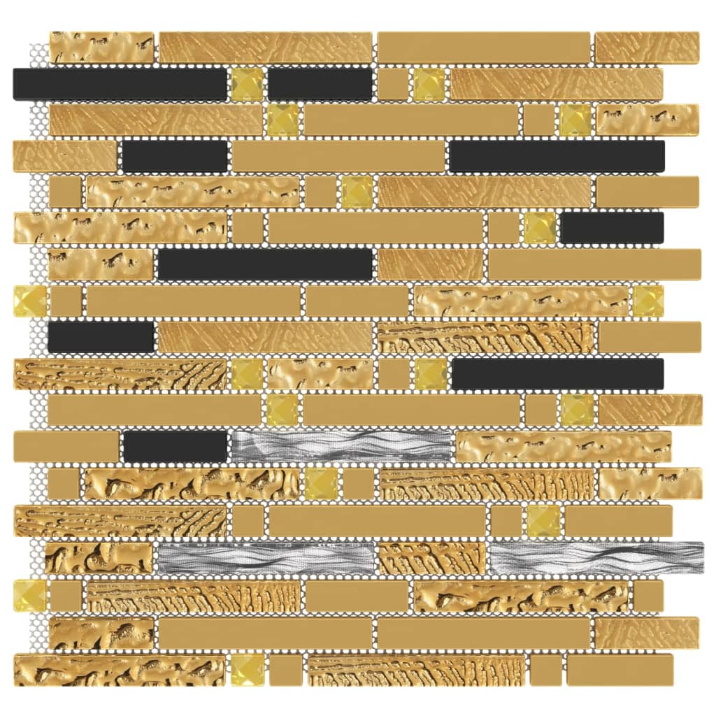 vidaXL Plăci mozaic, 11 buc., negru și auriu, 30x30cm, sticlă