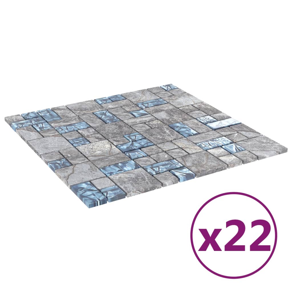 vidaXL Plăci mozaic, 22 buc., gri și albastru, 30x30 cm, sticlă
