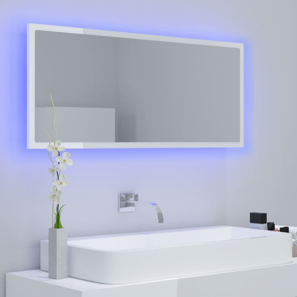 vidaXL Oglindă de baie cu LED, alb extralucios, 100x8,5x37 cm, acril