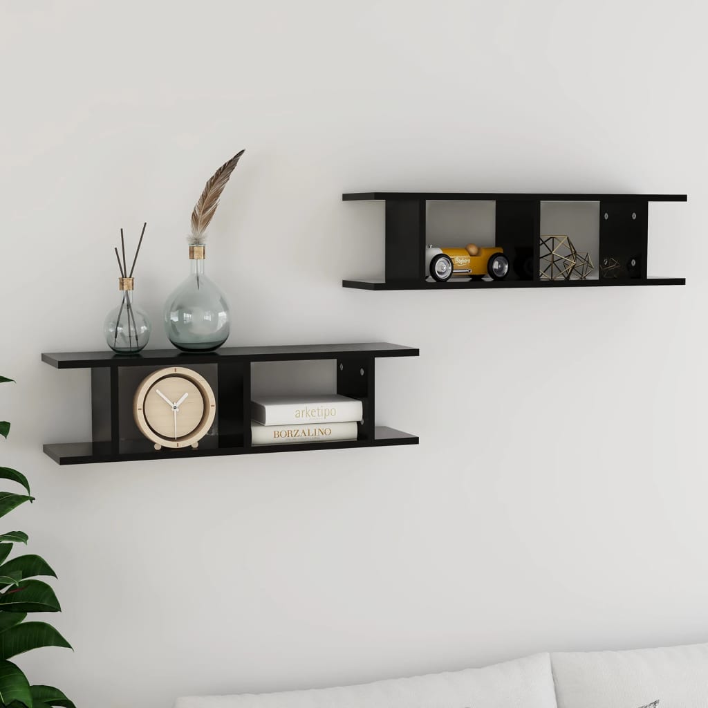 vidaXL Rafturi de perete, 2 buc., negru, 75x18x20 cm, lemn