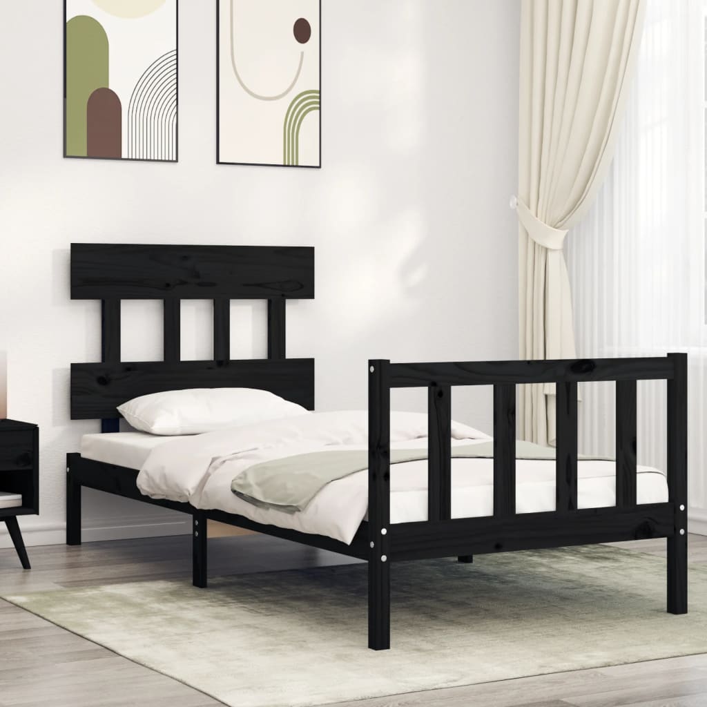 vidaXL Cadru de pat cu tăblie Small Single, negru, lemn masiv