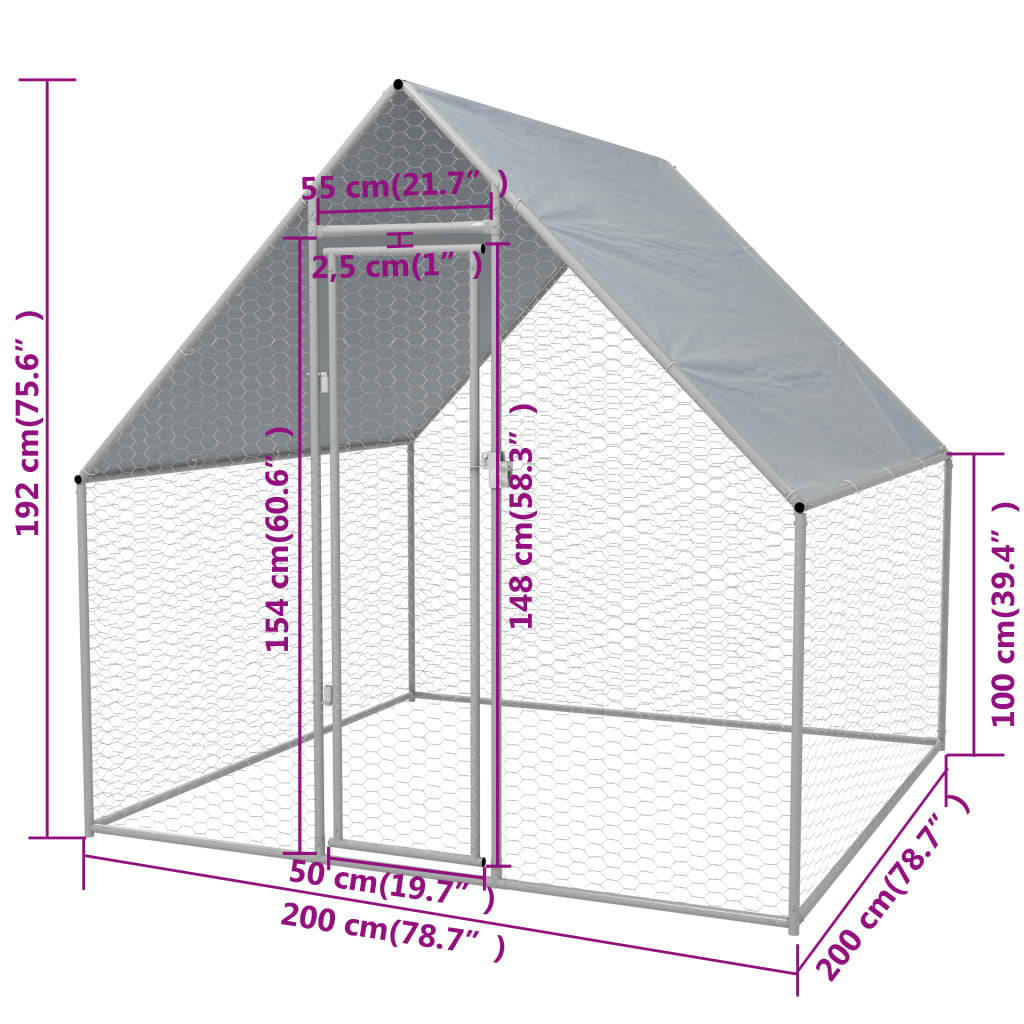 vidaXL Coteț de găini pentru exterior, 2x2x1,92 m, oțel galvanizat
