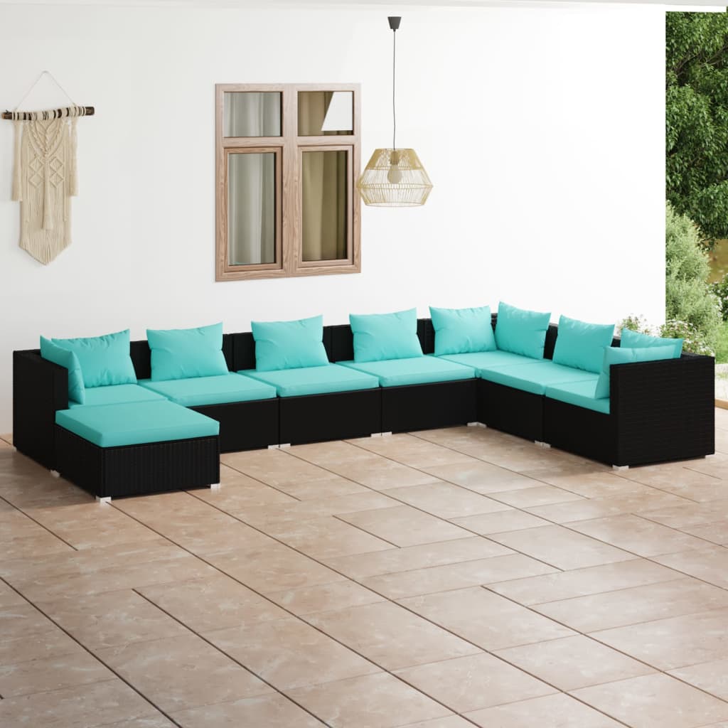 vidaXL Set mobilier de grădină cu perne, 8 piese, negru, poliratan