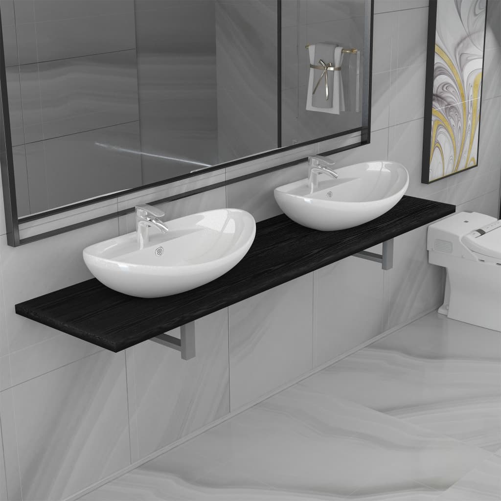 vidaXL Set mobilier de baie din trei piese, negru, ceramică