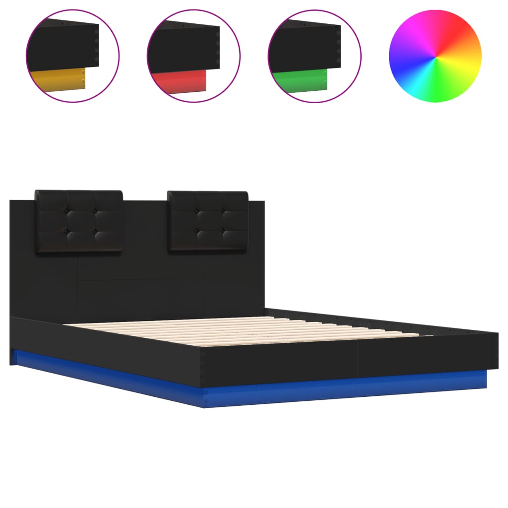 vidaXL Cadru de pat cu tăblie și lumini LED, negru, 135x190 cm