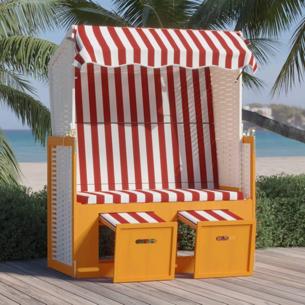 vidaXL Scaun de plajă cu baldachin, roșu/alb, poliratan și lemn masiv