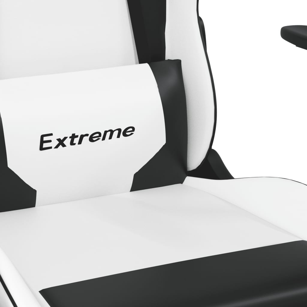 vidaXL Scaun de gaming de masaj, alb și negru, piele ecologică
