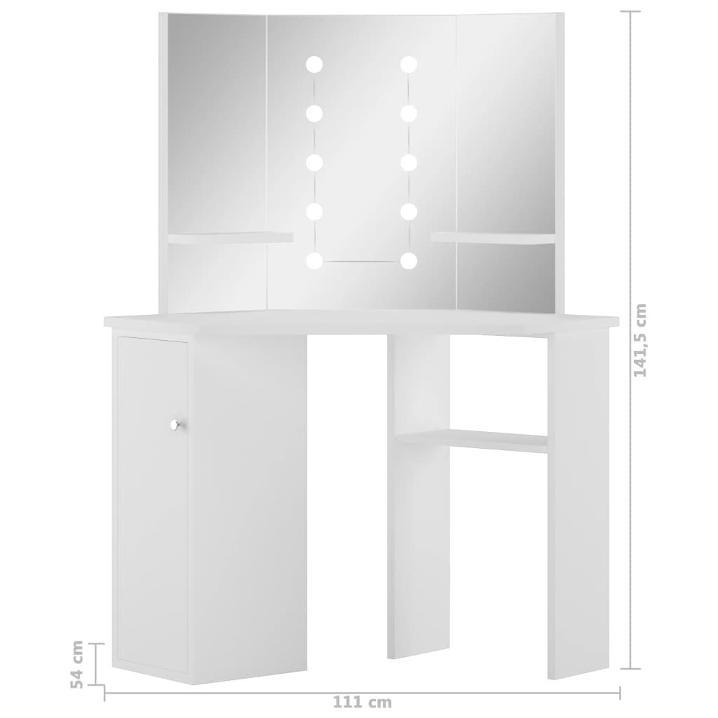 vidaXL Masă pentru machiaj de colț cu lumini LED, alb