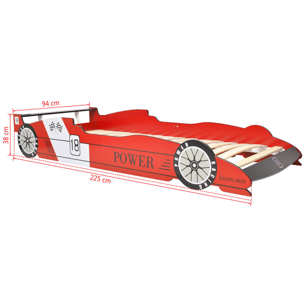 vidaXL Pat pentru copii mașină de curse, cu LED, 90 x 200 cm, roșu
