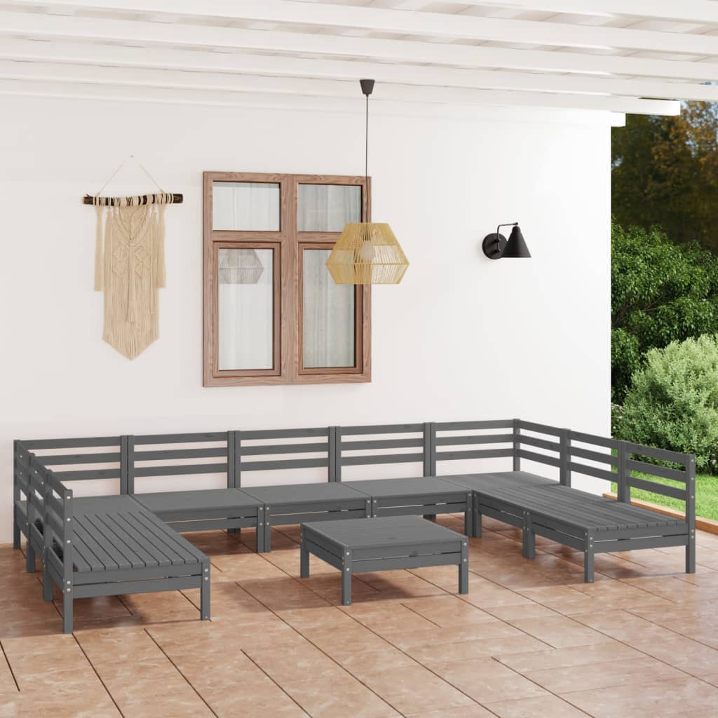 vidaXL Set mobilier relaxare grădină, 10 piese, gri, lemn masiv pin