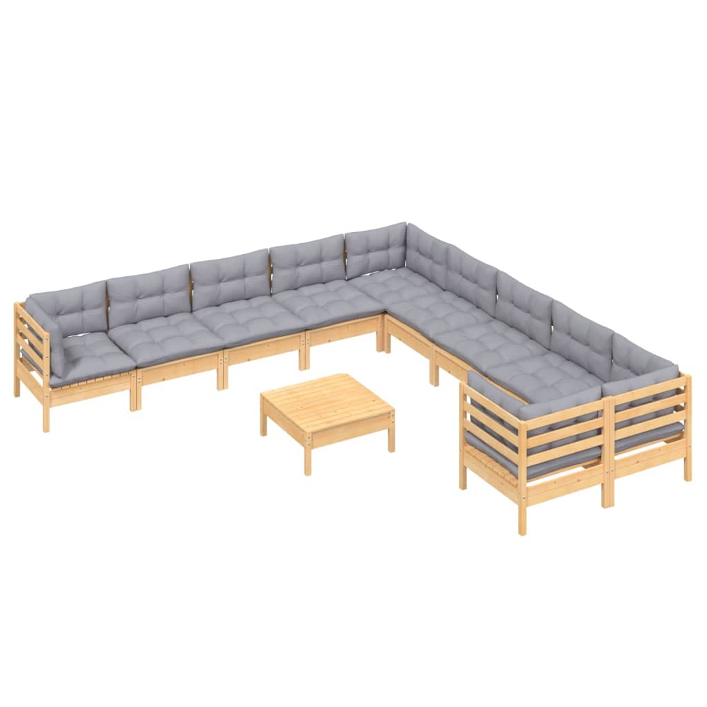 vidaXL Set mobilier grădină cu perne, 11 piese, gri, lemn de pin