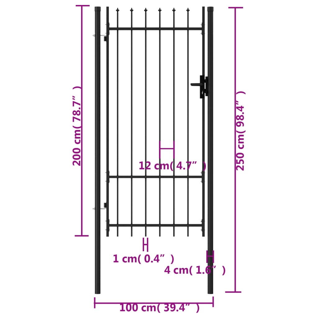 vidaXL Poartă de gard cu o ușă, vârf ascuțit, negru, 1 x 2 m, oțel