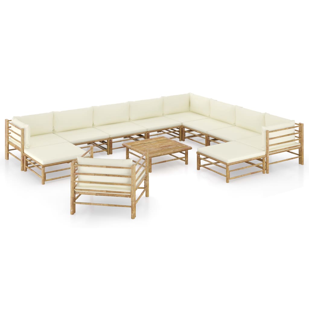 vidaXL Set mobilier grădină, 12 piese, perne alb crem, bambus