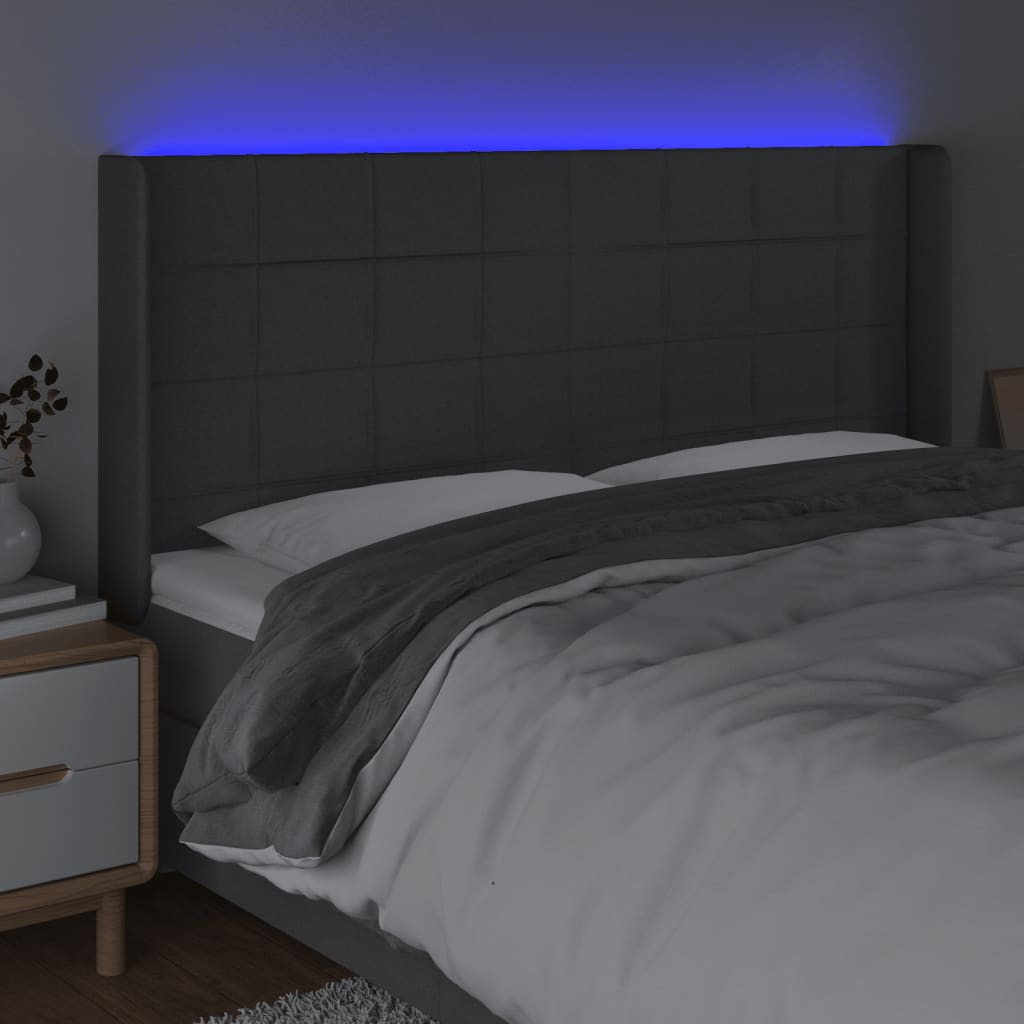 vidaXL Tăblie de pat cu LED, gri închis, 163x16x118/128 cm, textil