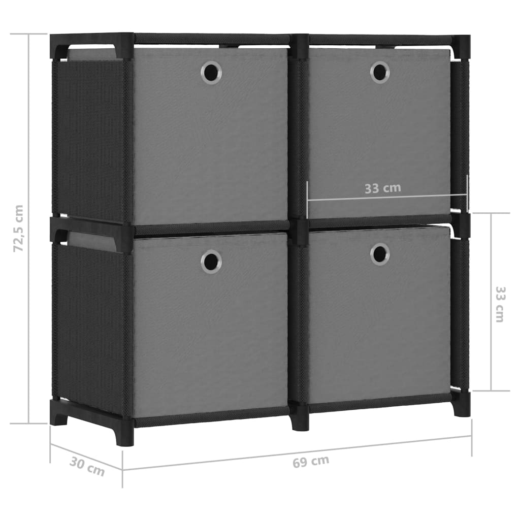 vidaXL Raft expunere cu 4 cutii, negru, 69 x 30 x 72,5 cm, textil