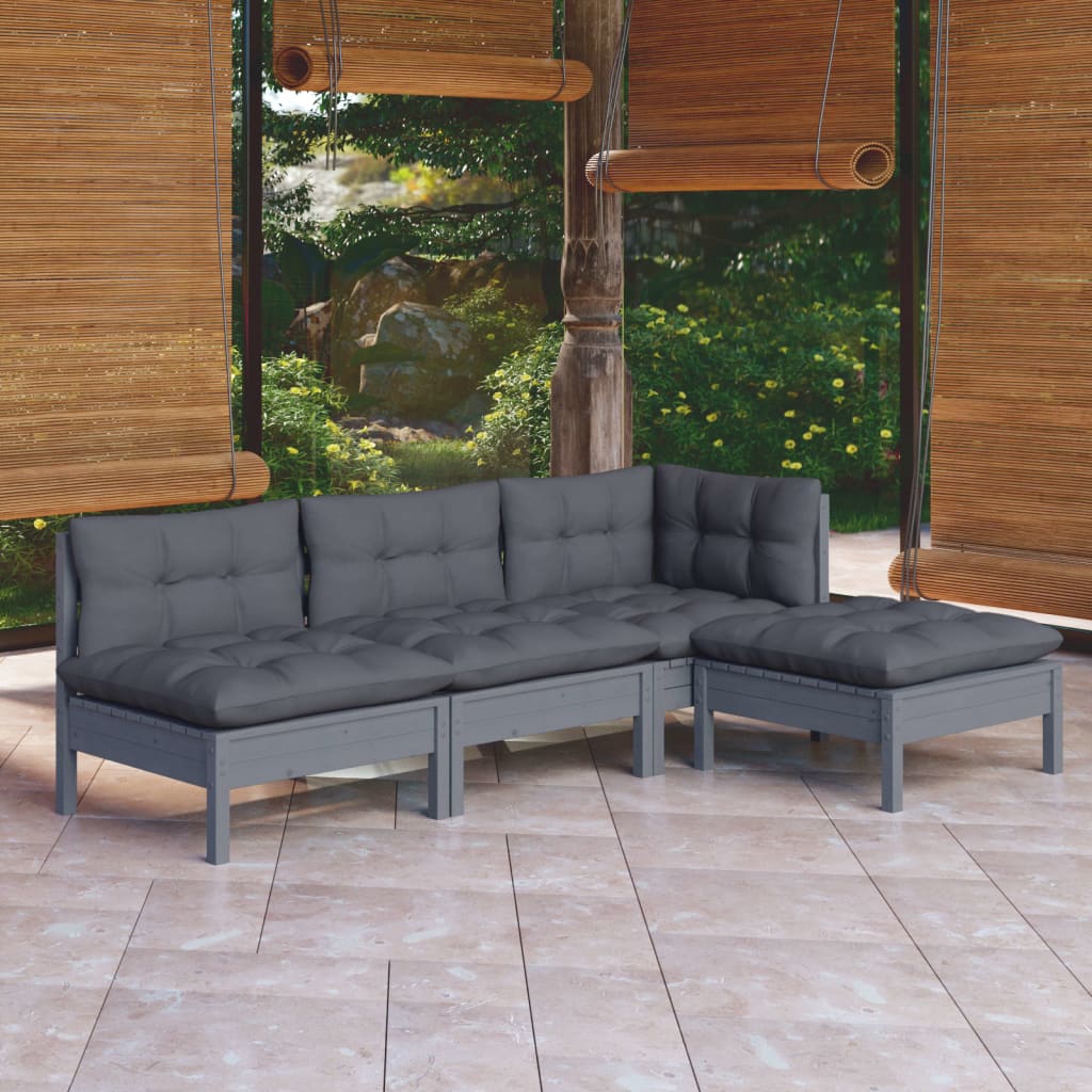 vidaXL Set mobilier de grădină cu perne, 4 piese, gri, lemn masiv pin