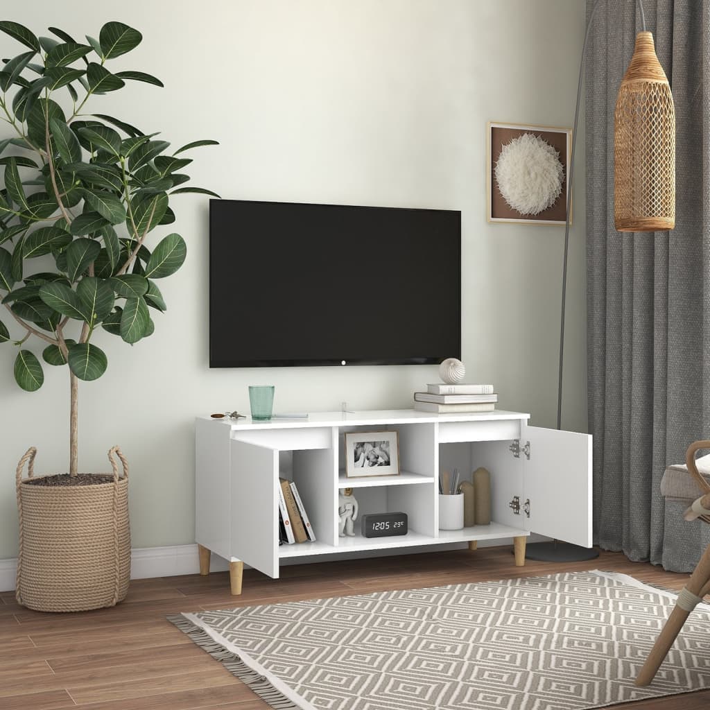 vidaXL Comodă TV cu picioare din lemn masiv, alb, 103,5x35x50 cm
