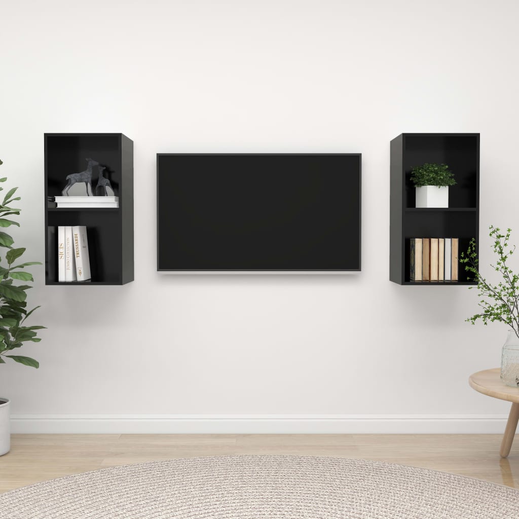 vidaXL Dulapuri TV montaj pe perete, 2 buc., negru extralucios, PAL