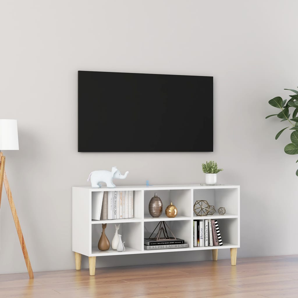 vidaXL Comodă TV, picioare lemn masiv, alb extralucios, 103,5x30x50 cm