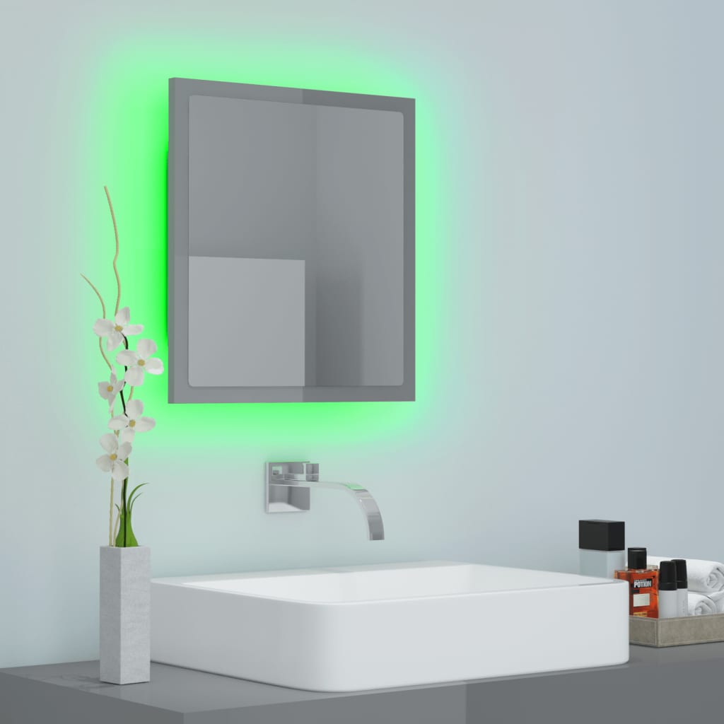 vidaXL Oglindă de baie cu LED, gri extralucios, 40x8,5x37 cm, acril