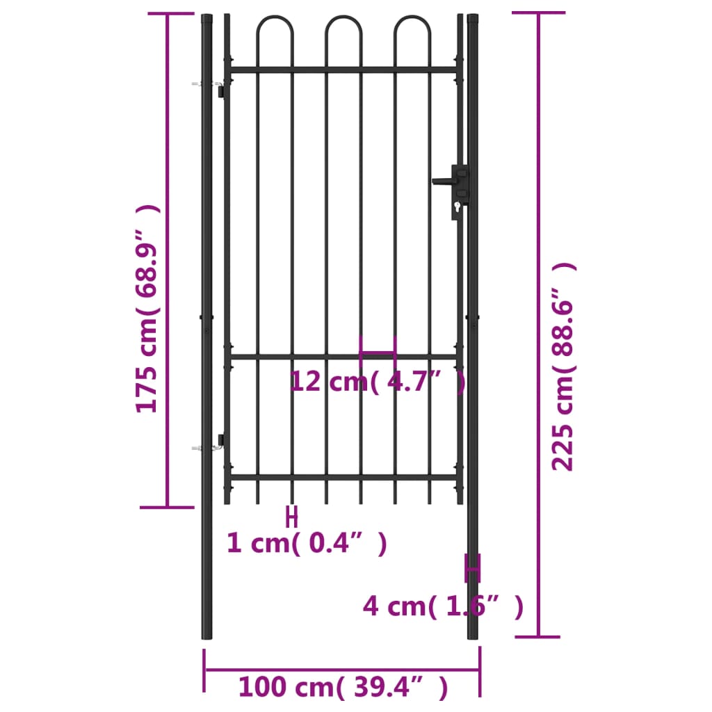 vidaXL Poartă de gard, o ușă, cu vârf arcuit, negru, 1 x 1,75 m, oțel