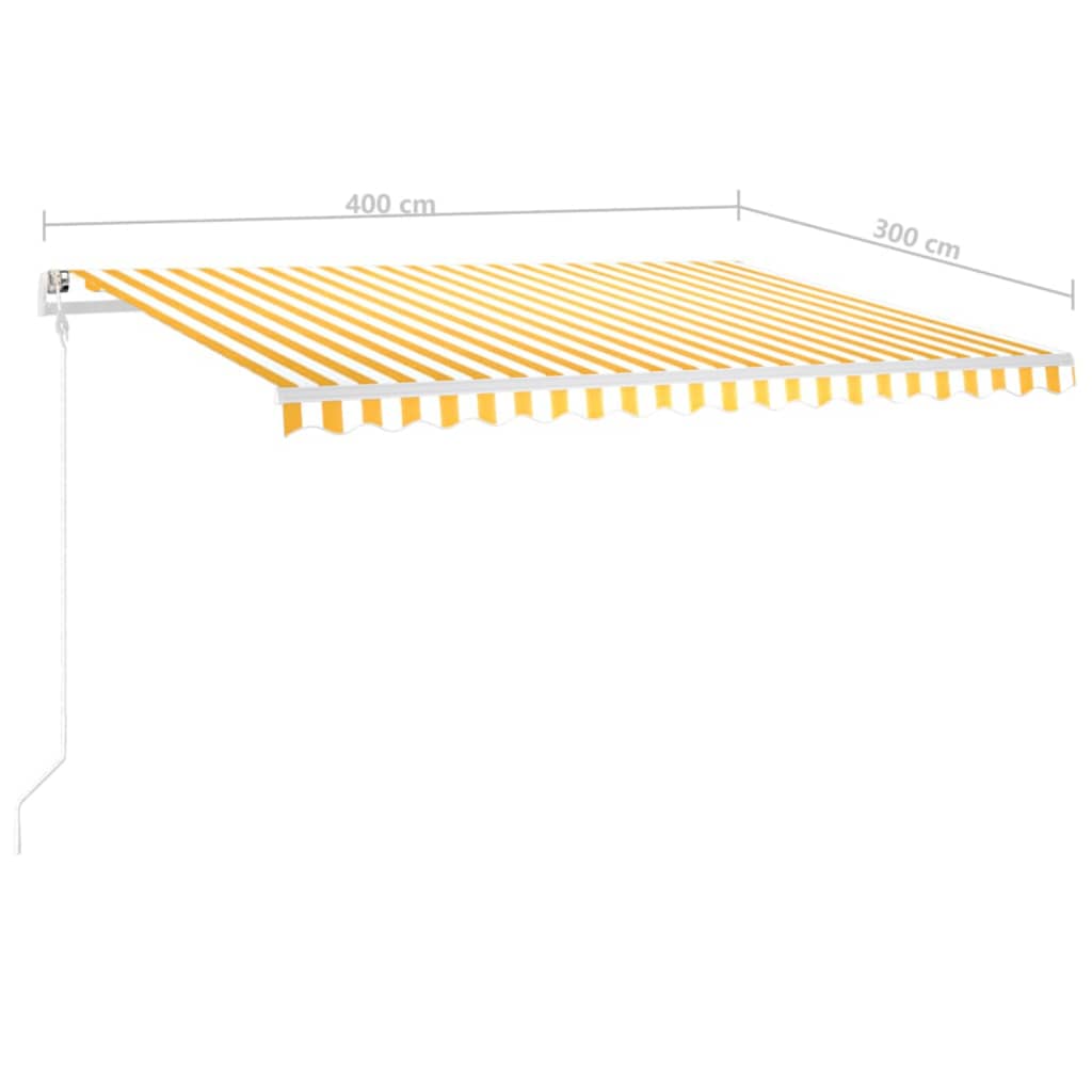 vidaXL Copertină retractabilă manual, cu stâlpi, galben și alb, 4x3 m