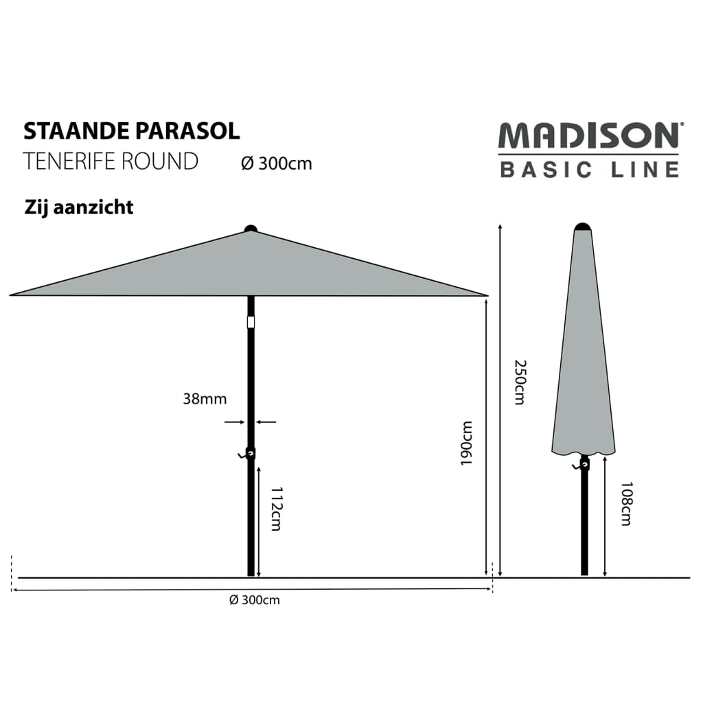 Madison Umbrelă de soare Tenerife, gri, 300 cm, rotund