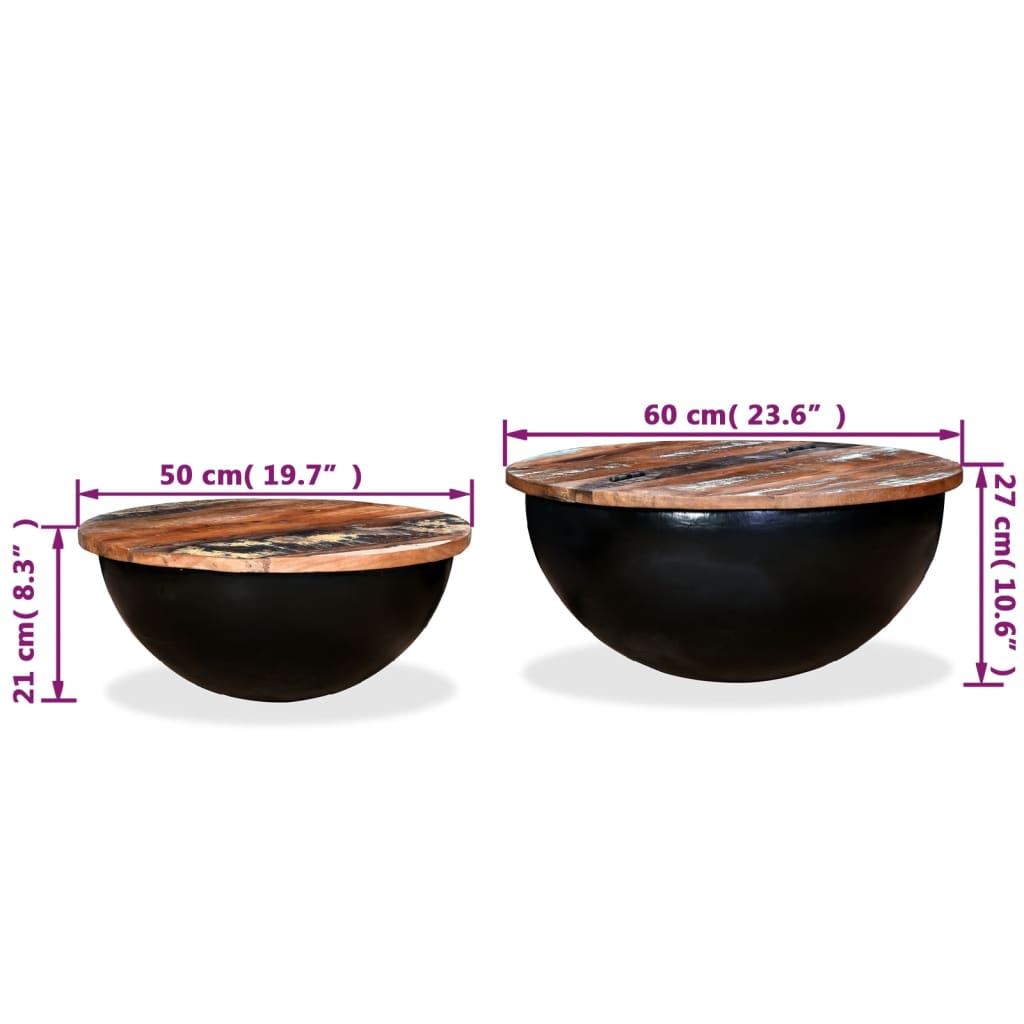 vidaXL Set măsuțe cafea, 2 piese, negru, lemn masiv reciclat formă bol
