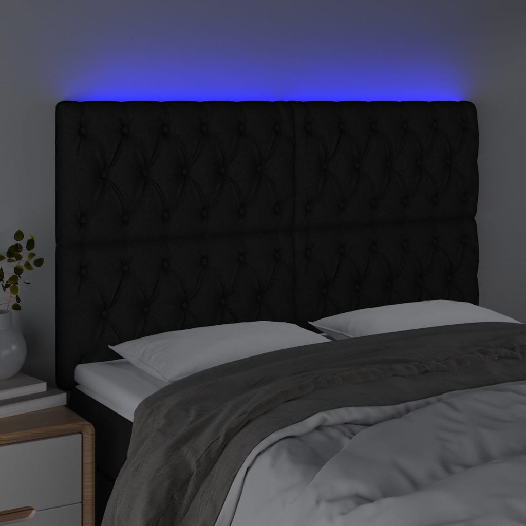 vidaXL Tăblie de pat cu LED, negru, 144x5x118/128 cm, textil