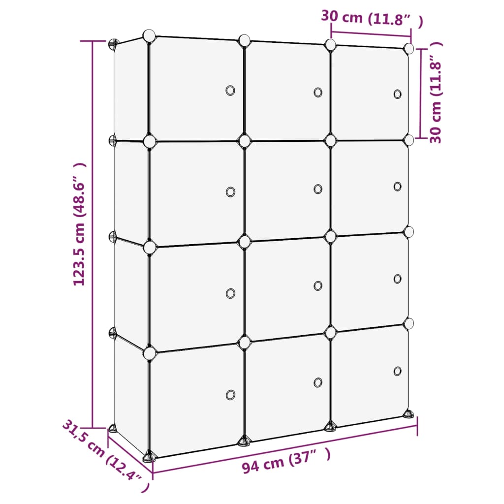 vidaXL Organizator cub de depozitare cu uși, 12 cuburi, transparent PP