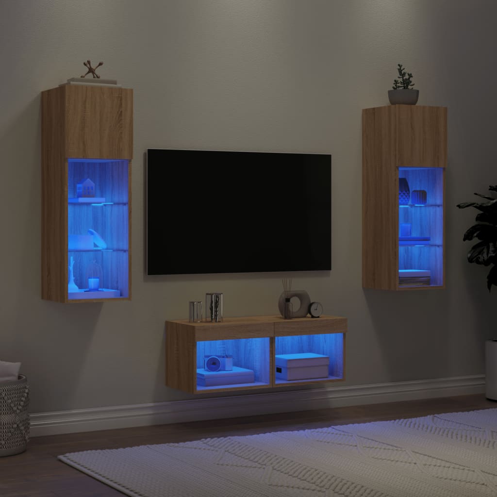 vidaXL Comode TV de perete cu lumini LED, 4 piese, stejar sonoma