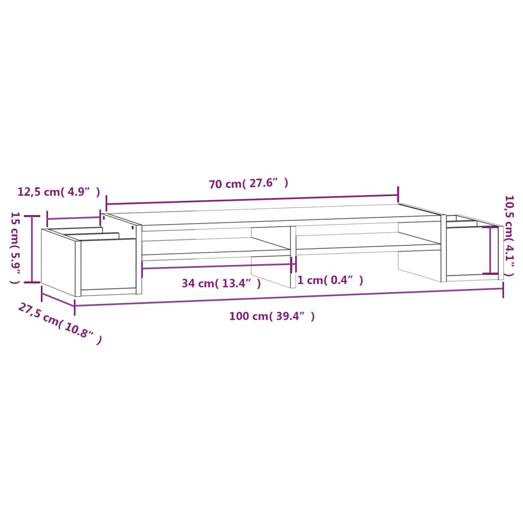 vidaXL Suport pentru monitor, negru, 100x27,5x15 cm, lemn masiv de pin