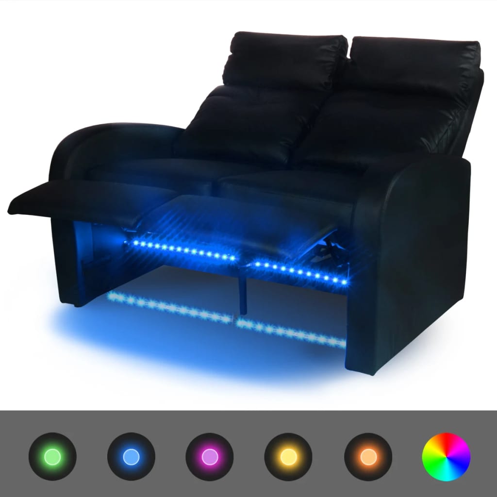 vidaXL Fotoliu rabatabil cu 2 locuri, LED, piele artificială, negru