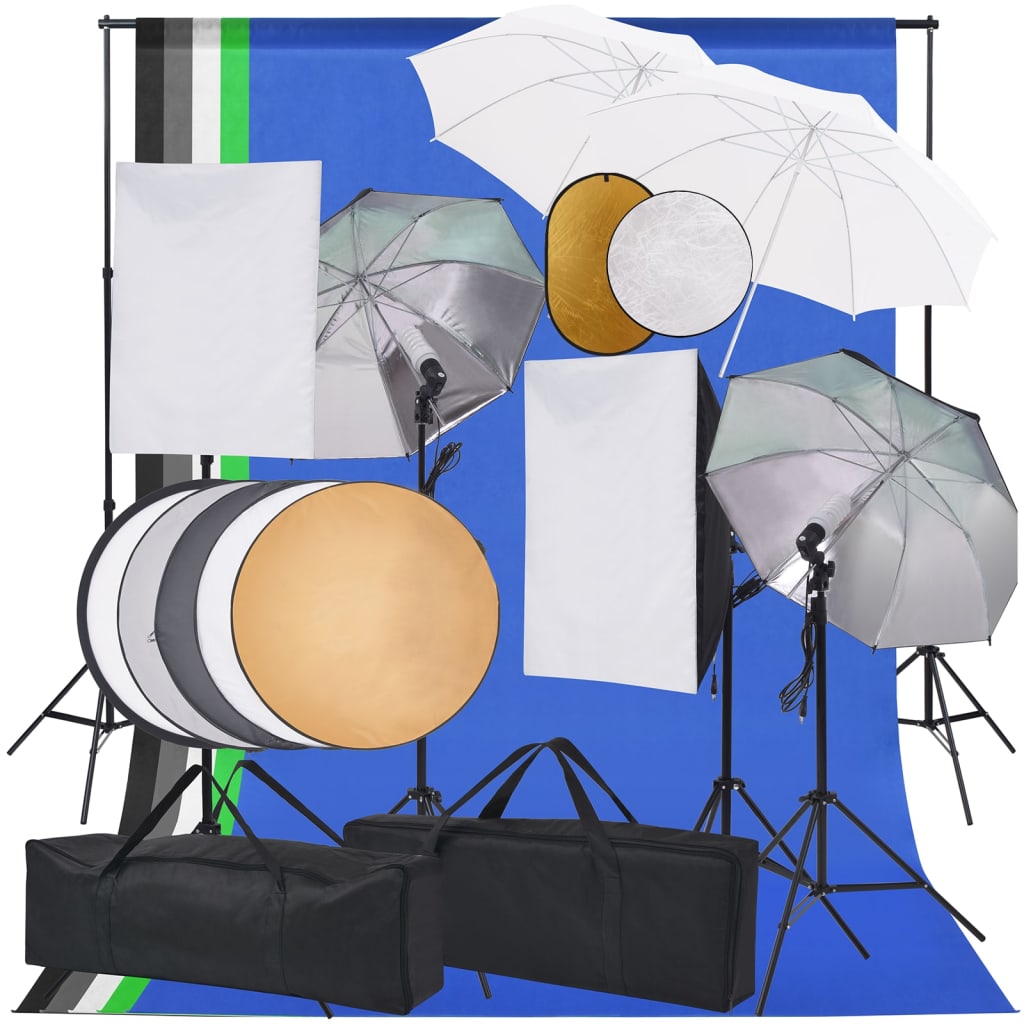 vidaXL Set studio foto cu lumini softbox, umbrele, fundal și reflector