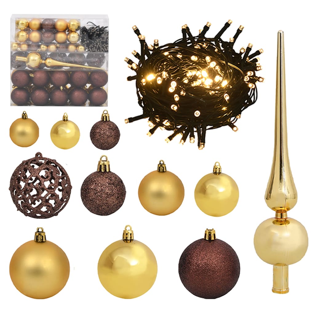 vidaXL Set globuri Crăciun cu vârf & 300 LED-uri 120 piese auriu&bronz