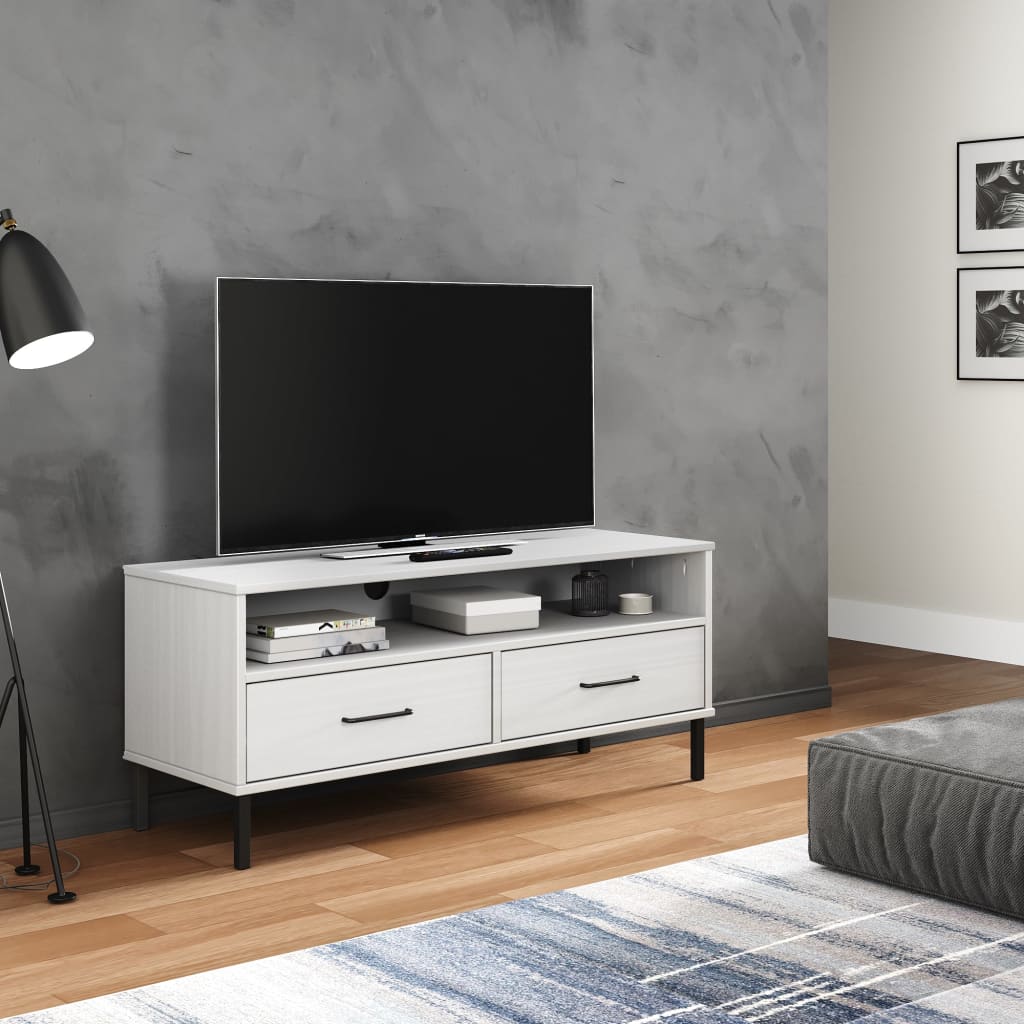 vidaXL Comodă TV cu picioare metalice „OSLO”, alb, lemn masiv pin