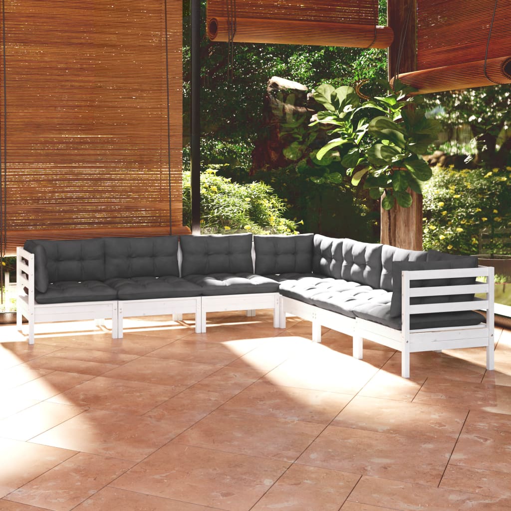 vidaXL Set mobilier grădină cu perne, 7 piese, alb, lemn masiv de pin