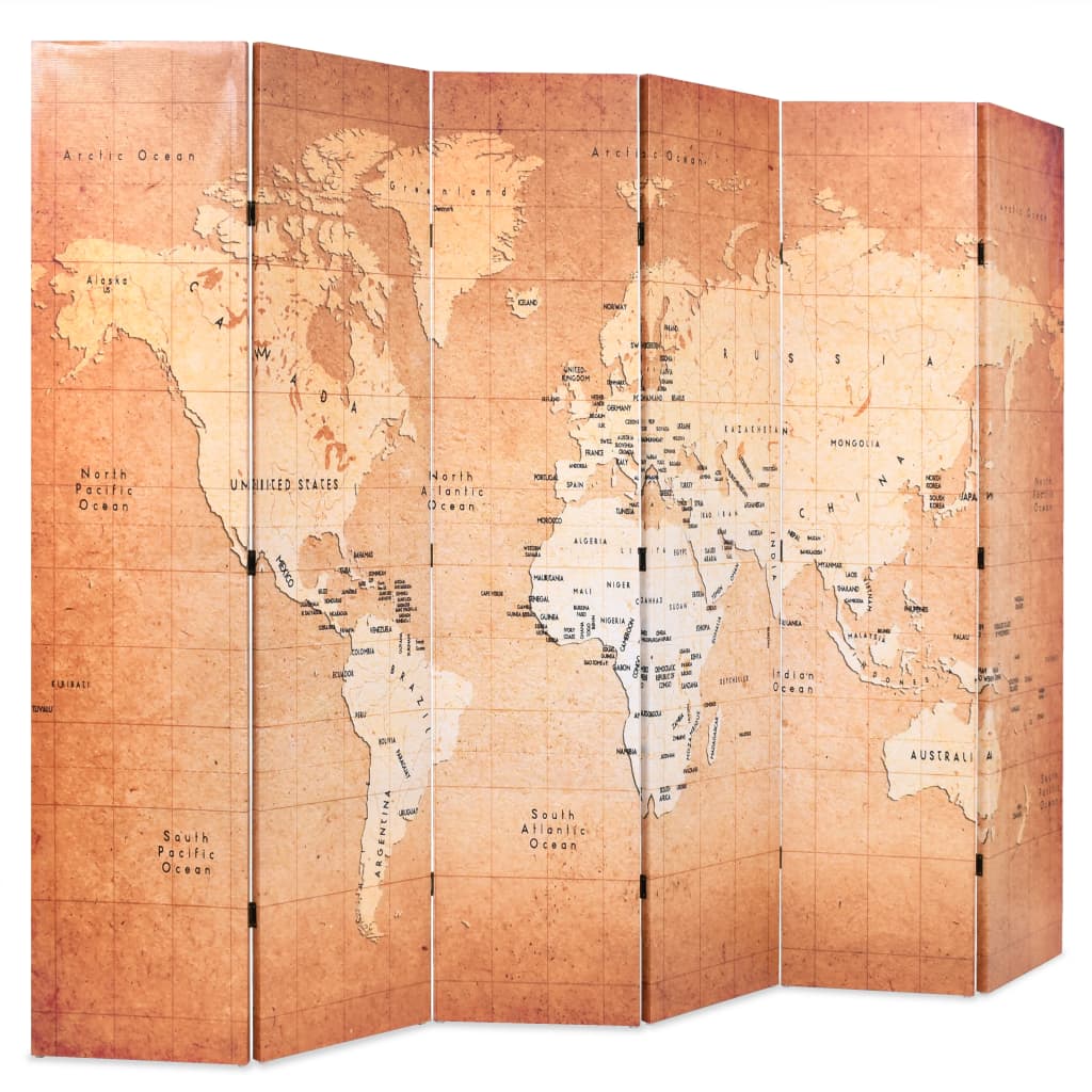 vidaXL Paravan de cameră pliabil, galben, 228 x 170 cm, harta lumii