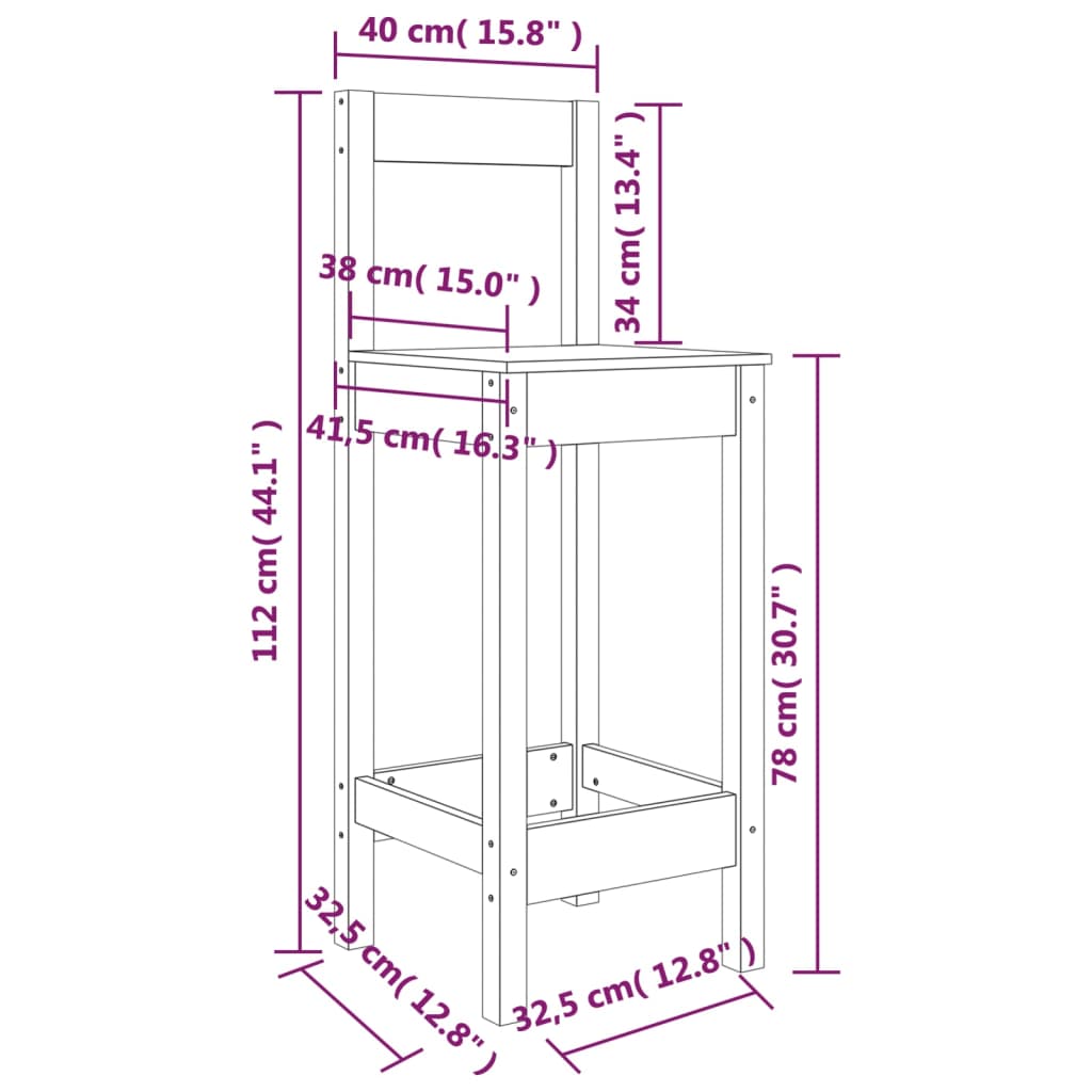 vidaXL Scaune de bar, 2 buc., alb,40x41,5x112 cm, lemn masiv de pin