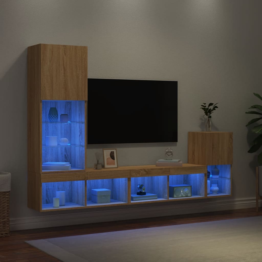 vidaXL Unități de perete TV cu LED-uri, 4 piese, stejar sonoma, lemn