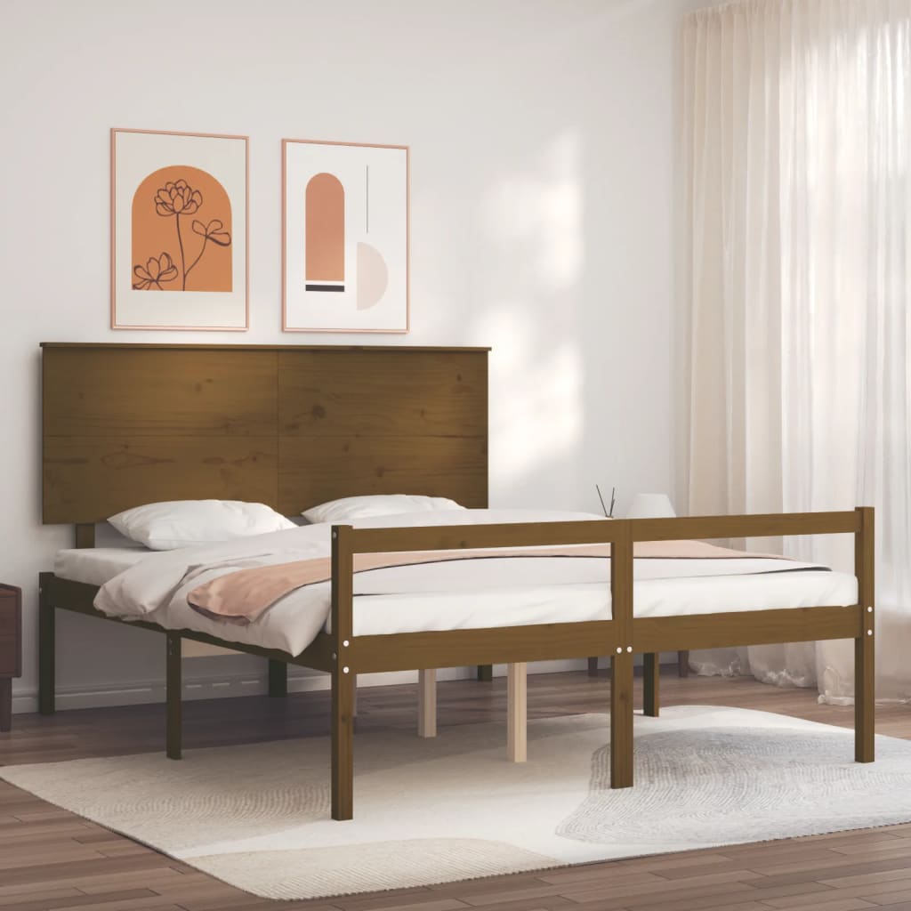 vidaXL Cadru de pat senior cu tăblie, maro miere, king size lemn masiv