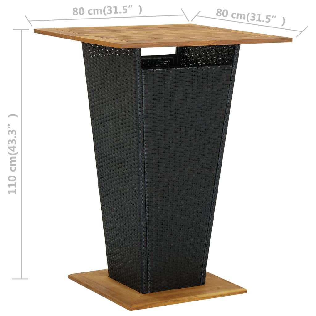 vidaXL Masă de bar, negru, 80x80x110 cm, poliratan/lemn masiv acacia