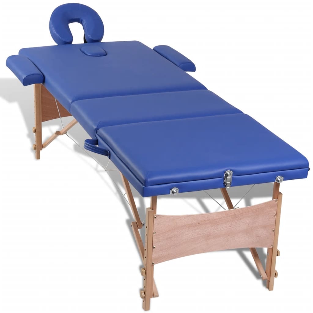 vidaXL Masă masaj pliabilă, 3 zone, albastru, cadru de lemn