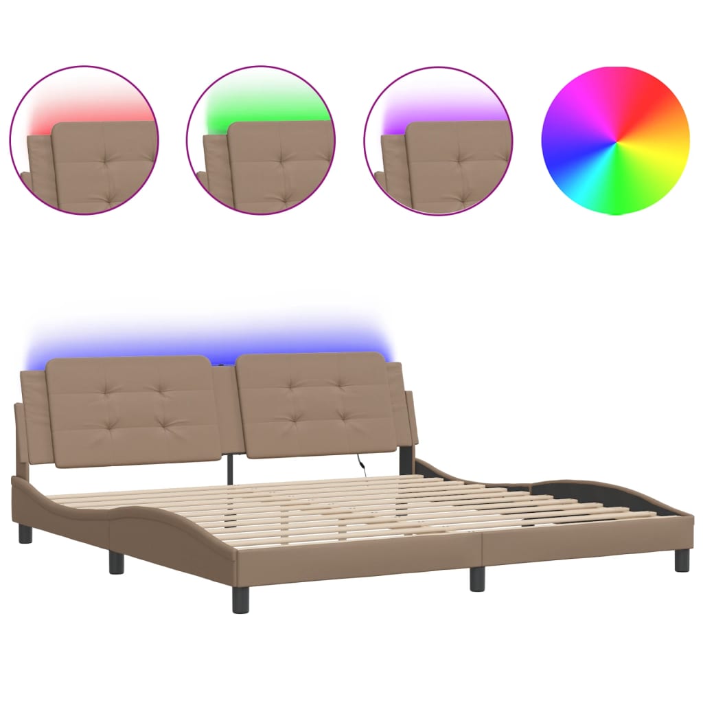 vidaXL Cadru de pat lumini LED, cappuccino, 200x200 cm piele ecologică