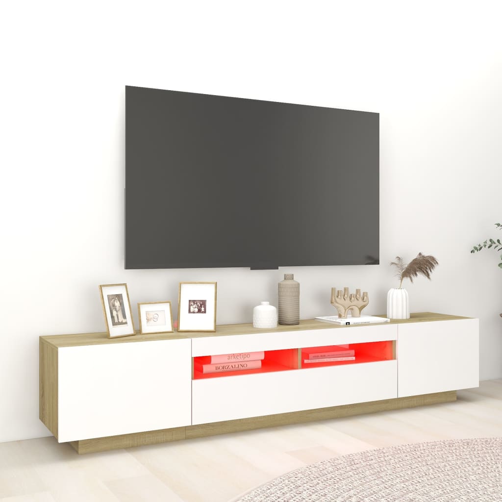 vidaXL Comodă TV cu lumini LED, alb și stejar sonoma, 200x35x40 cm