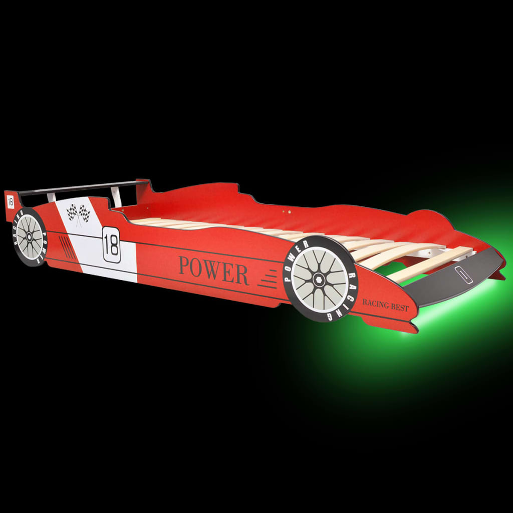 vidaXL Pat pentru copii mașină de curse, cu LED, 90 x 200 cm, roșu