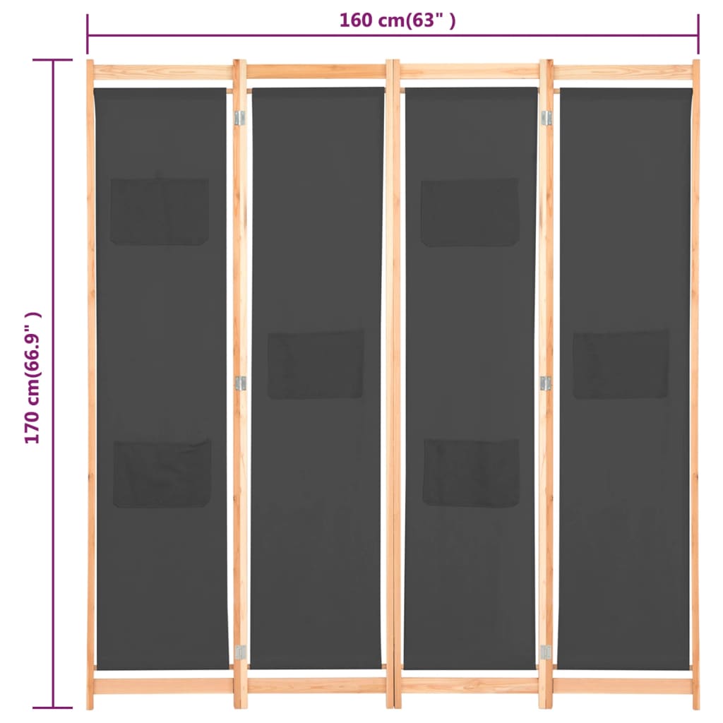 vidaXL Paravan de cameră cu 4 panouri, gri, 160x170x4 cm, textil