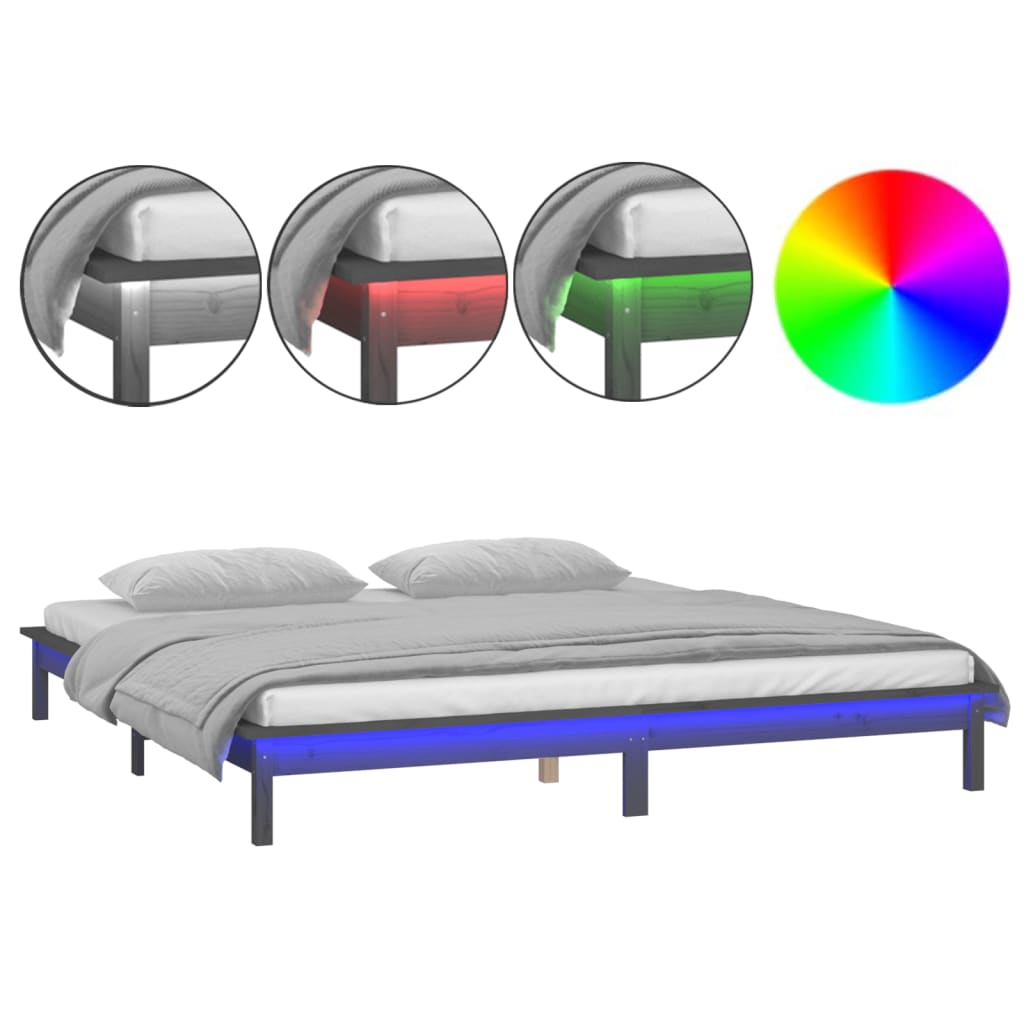 vidaXL Cadru de pat cu LED, gri, 140x190 cm, lemn masiv
