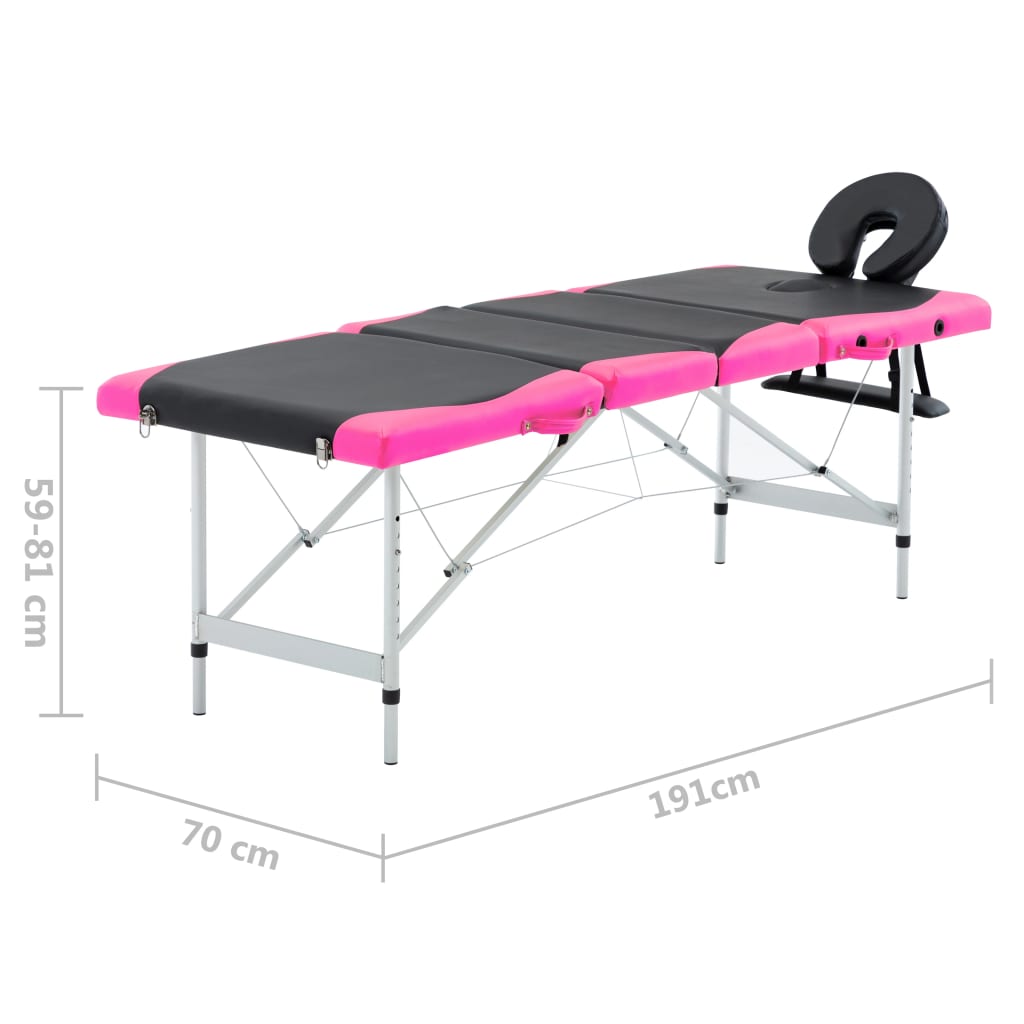 vidaXL Masă pliabilă de masaj, 4 zone, negru și roz, aluminiu