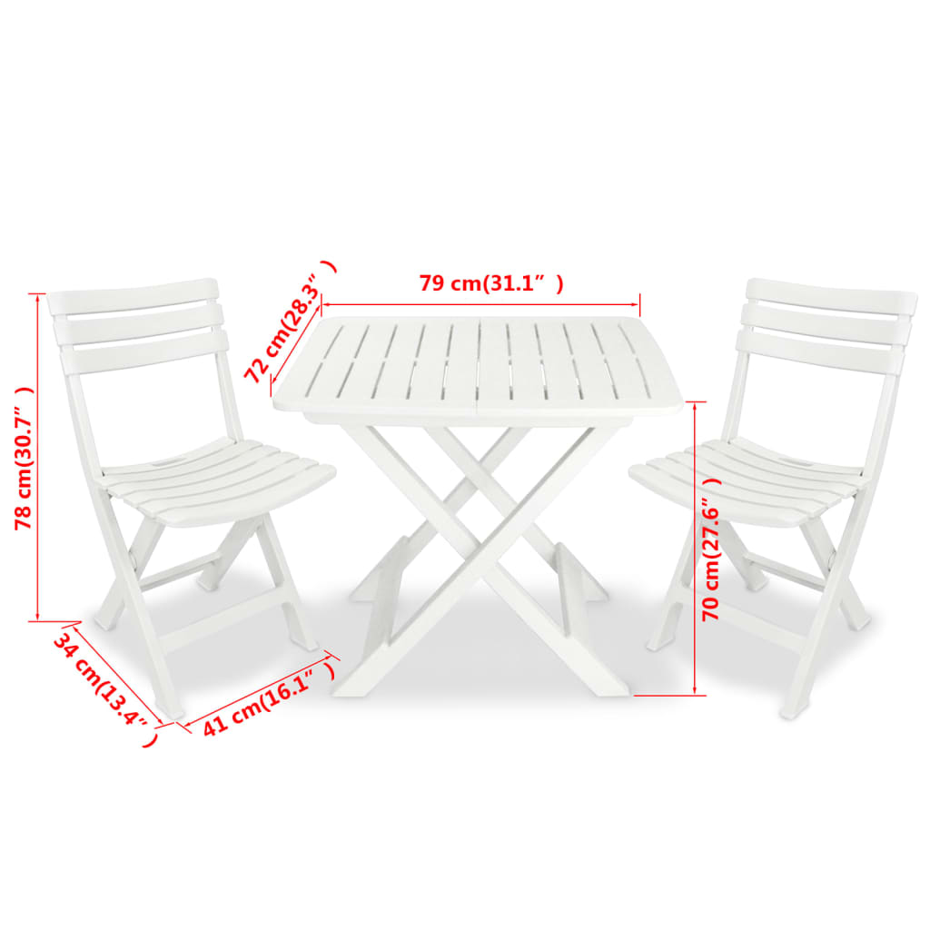 vidaXL Set mobilier bistro pliabil, 3 piese, alb, plastic